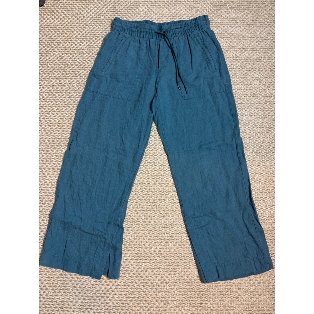 Athleta lagenlook 2P Petite Teal Blue 100% Linen Wide Leg Crop Drawstring Pants